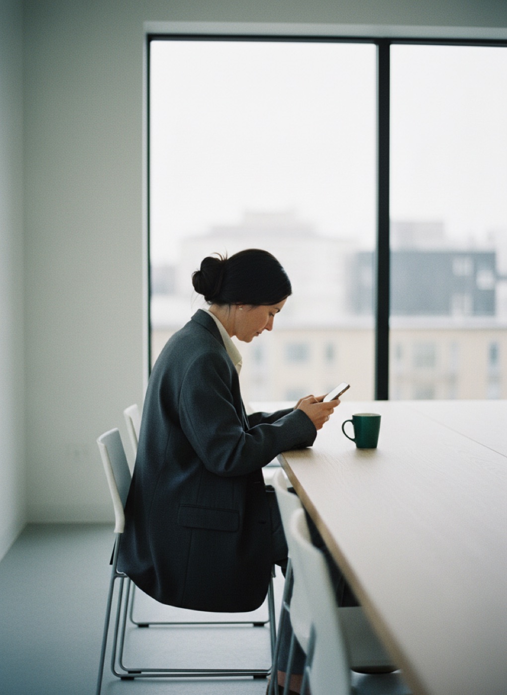 A founder reading on her phone at a long table in a bright meeting room