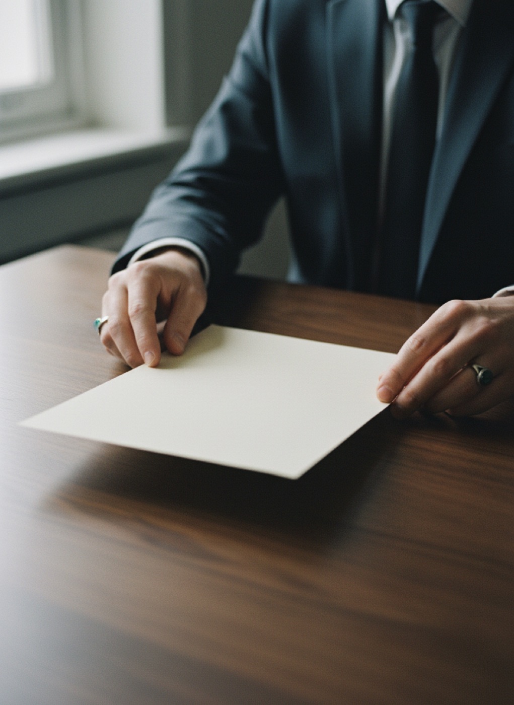 A lawyer sliding a single sheet of paper across a dark wooden table
